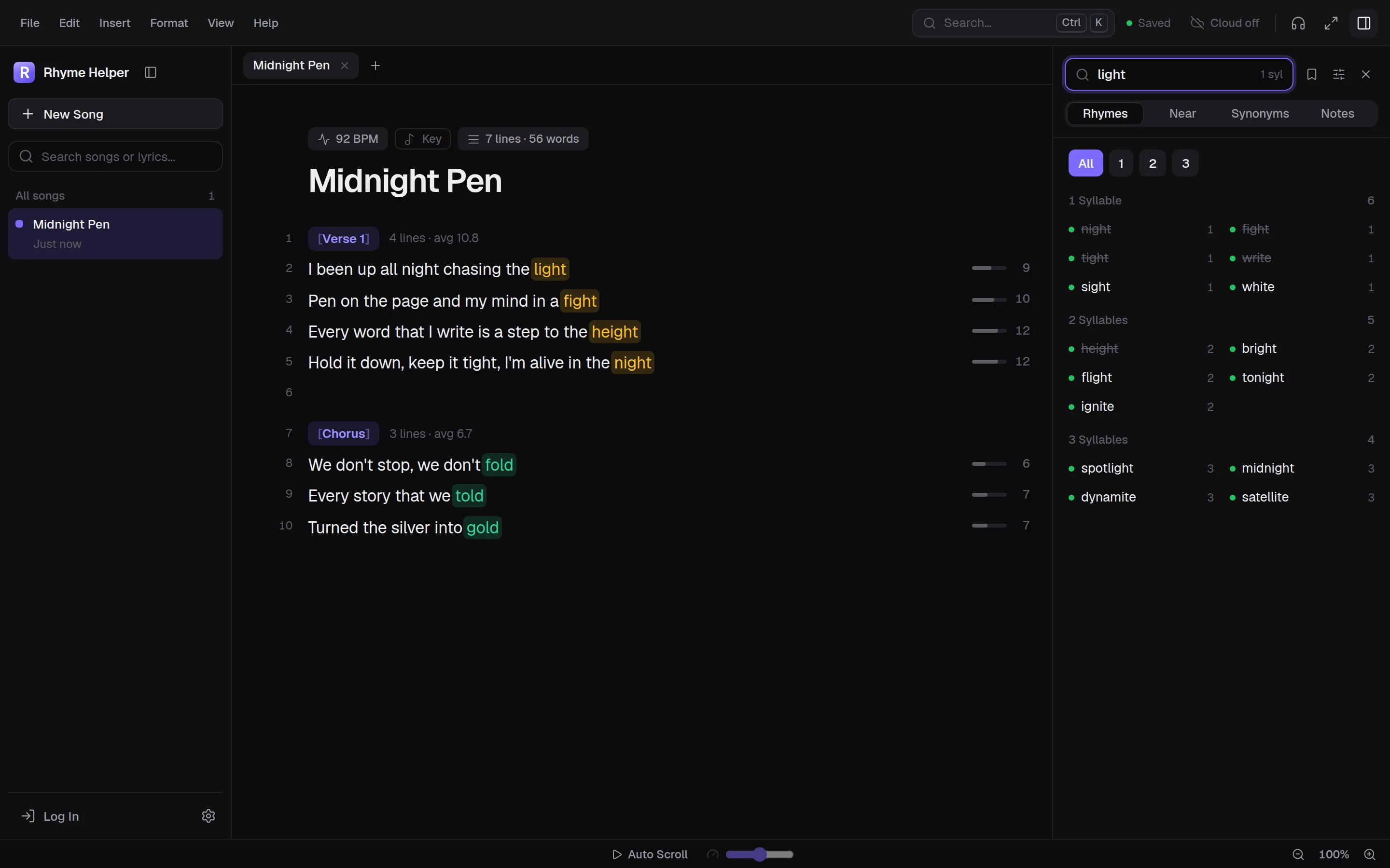 Rhyme Helper with the song “Midnight Pen”: lyrics with syllable counts per line, rhyming words in colour and the rhyme panel for “light” on the right.