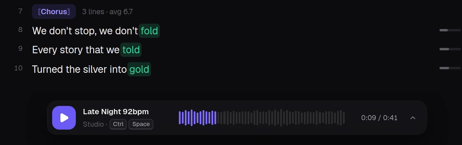 The chorus of a song with the Studio player below it: a play button, the beat “Late Night 92bpm”, a waveform and the time 0:09 of 0:41.